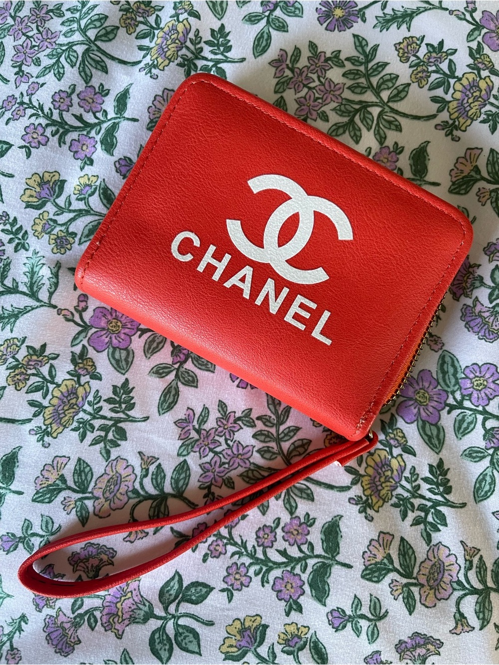 CHANEL Red Leather Zip-Around Wristlet Wallet with White Logo